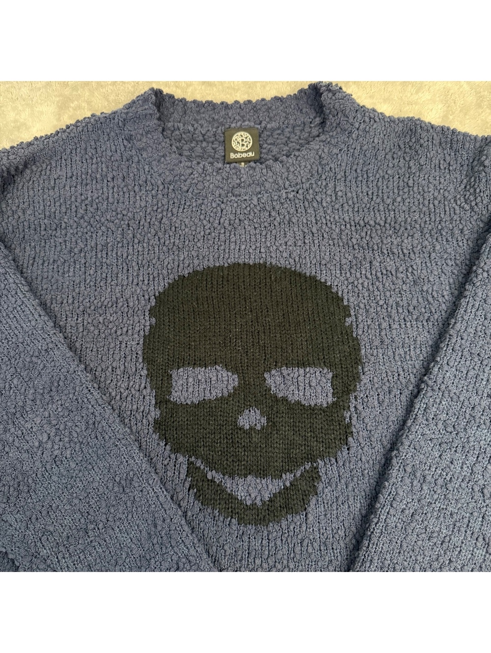 Bobeau Skull Sweater Womens Small Blue Black Chenille Knit Pullover Goth Cozy